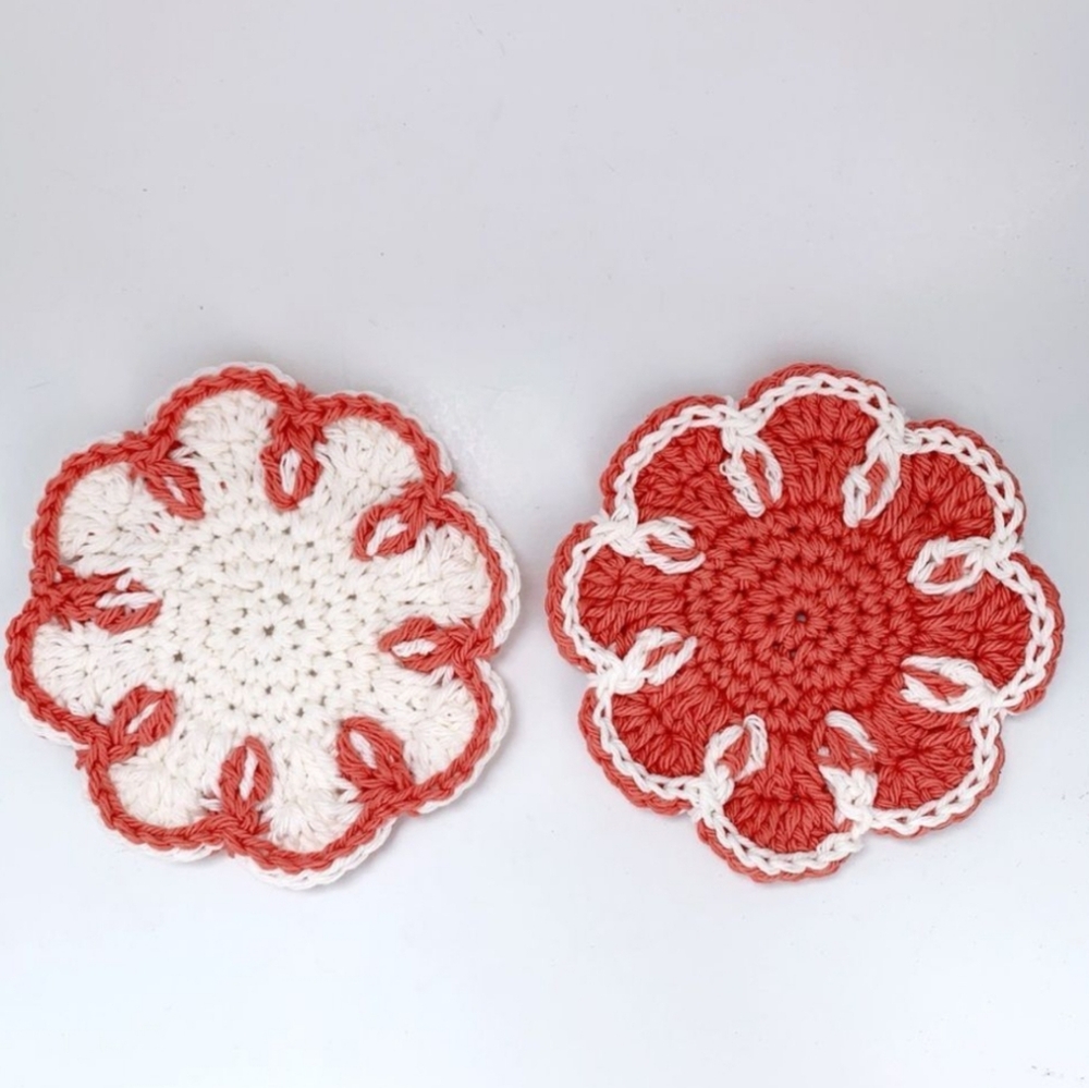 ❤️🤍Handmade Floral Crochet Coasters - Brick Red and White